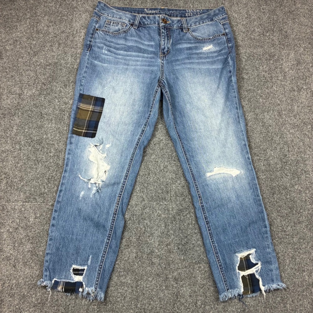 Natural Reflections Plaid Patch Distressed Jeans Medium Wash Womens Size 12